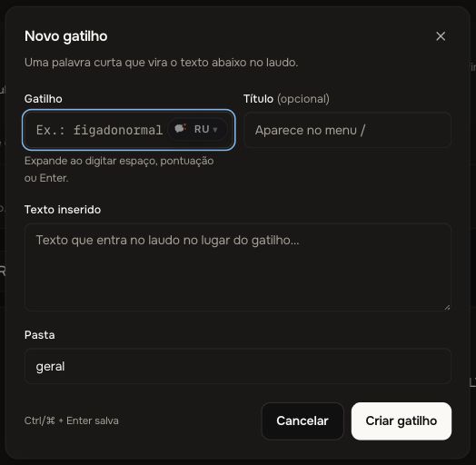 Formulário Novo gatilho aberto na aplicação, sem texto de demonstração inserido.