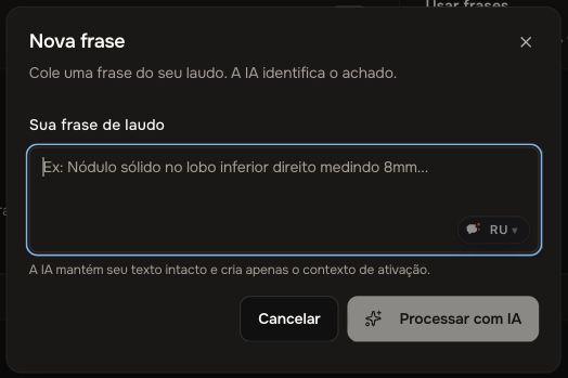 Formulário Nova frase aberto na aplicação, com campo vazio, Cancelar e Processar com IA.